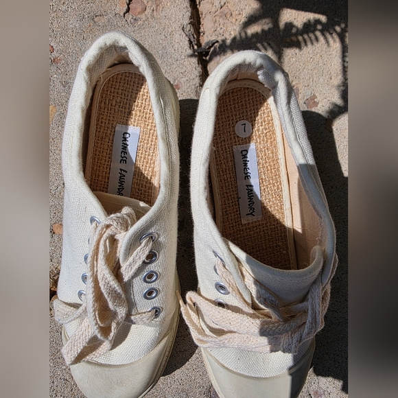 Cream Off White Linen Style Lug Sole Platform Sneakers Sz 7 M Chinese Laundry - Picture 10 of 11